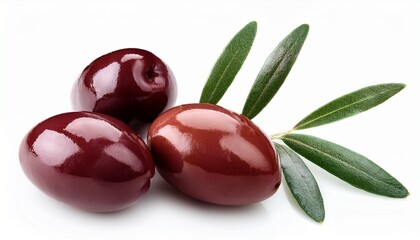 greek kalamata olives with leaves on white background