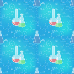 Chemical formulas and flasks on a light blue background. Seamless pattern, print, vector illustration