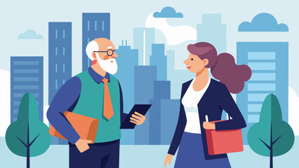 Two Boomer business consultants one male and one female walk through a bustling city engaging in deep discussion about their upcoming client pitch utilizing their contrasting. Vector illustration
