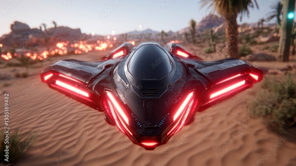 Poster futuristic spaceship with red lights hovering over a desert landscape with distant fires and palm tr