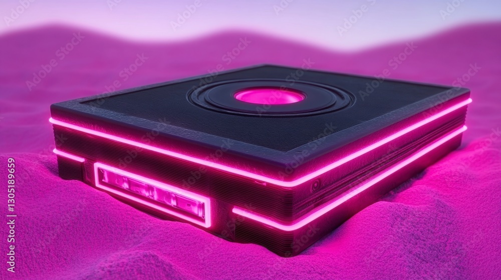 Poster futuristic black device with pink neon lights rests on pink sand, creating a vibrant sci fi scene. t