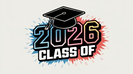 Class of 2026 Neon Graduation Emblem with Tossed Cap and Confetti Generative AI