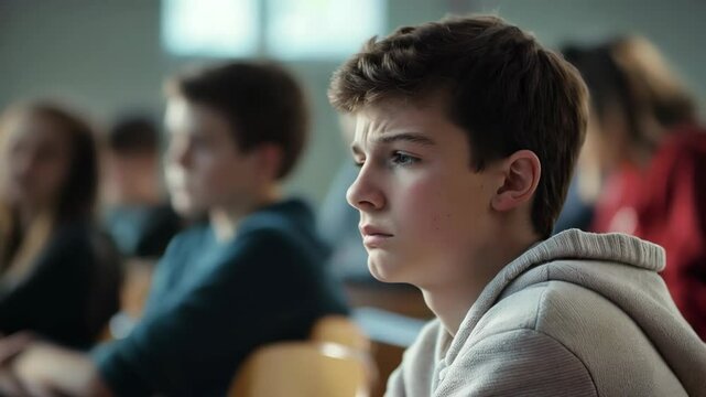 Student sitting listlessly during lecture, mind wandering while surrounded by classmates in academic setting, displaying signs of mental fatigue and disengagement
