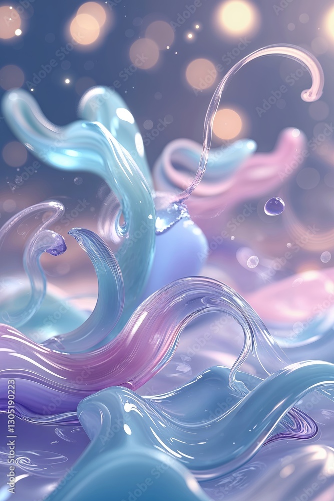 Poster colorful abstract swirl of liquid with bokeh lights in the background during a soft light setting