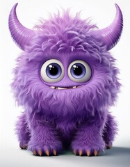 Cute purple monster with big eyes and fluffy fur sitting happily on a white background