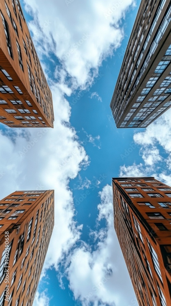 Aufkleber low angle view of four modern buildings reaching towards a partly cloudy blue sky. the buildings are