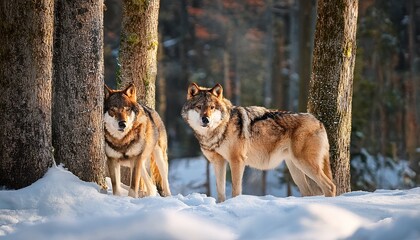 Fototapeta premium two wolves in a snowy forest winter landscape life of animals wild life