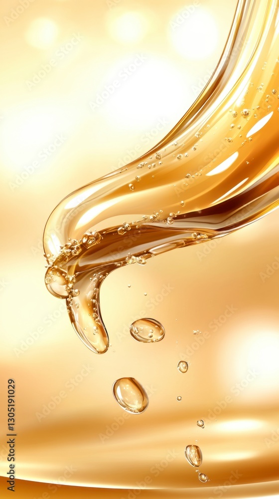 Poster abstract image of flowing golden liquid, droplets falling against a bokeh background. smooth curves 