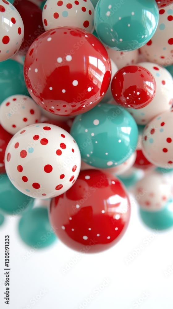 Poster red, white, and teal spheres with polka dots float against a bright white background. close up view 