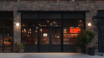Modern Brick Building Exterior with Stylish Restaurant at Night