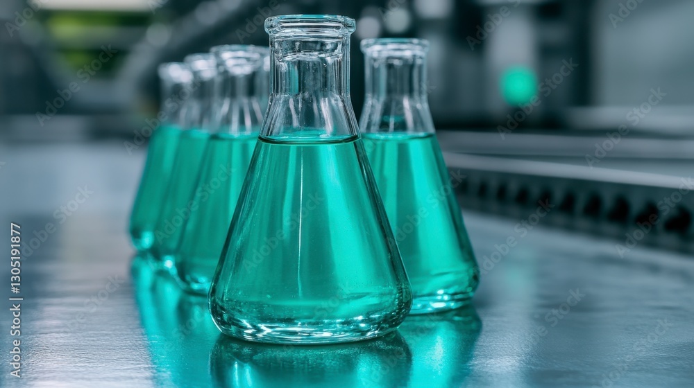 Poster five erlenmeyer flasks containing a light teal liquid are arranged in a row on a reflective metal su