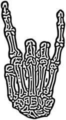Intricate skeletal hand illustration making the rock hand gesture. Black and white line art design, ideal for tattoos, rock music themes, or alternative graphic projects