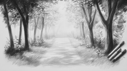 Obraz premium Forest Path Drawing: Shaded Trees & Light. (1)