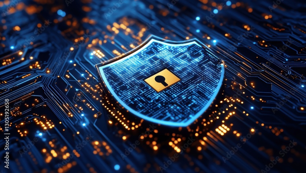 Poster digital shield graphic representing cybersecurity protection with lock on circuit board background i