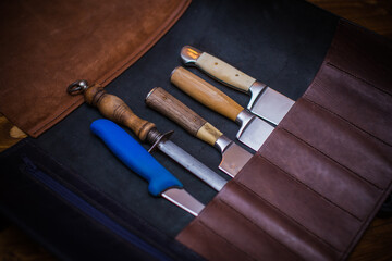Professional Chef Knives and Tools in Leather Pouch for Culinary and Kitchen Needs