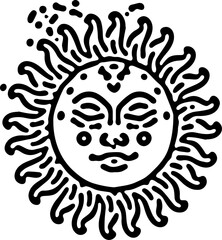 Ornate sun face illustration with abstract patterns and line art detailing. Black and white style, perfect for tattoos, mystical themes, or bohemian-inspired graphic designs