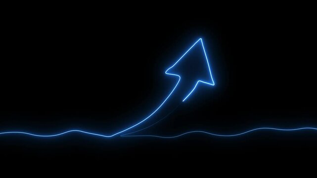 Neon line continuous line drawing of up arrow linear icon one line drawing on black background, neon line drawing with up arrow up arrow linear icon concept