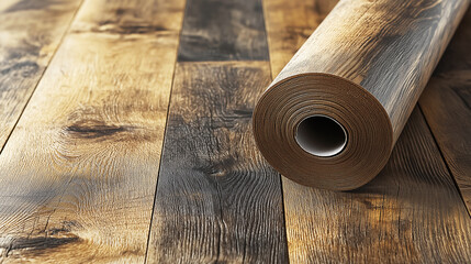 Linoleum. Three rolls of linoleum on a white background. Floor coverings for home use. Linoleum design in the form of boards.