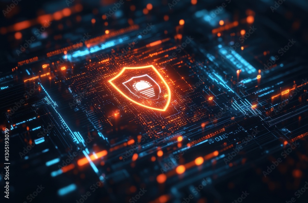 Poster digital shield symbol on futuristic circuit board, representing cybersecurity and data protection in