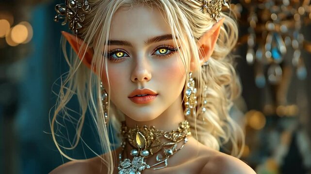 elf princess in elegance pretty gown, woman with point ears, gold eyes and blonde hair looking at camera , fantasy character