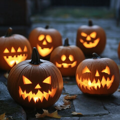 Spooky jack-o'-lanterns glowing in the night.