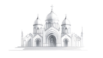 Obraz premium The image is a grayscale architectural sketch or drawing of a church building. The style is simple and clean, utilizing varying line weights to suggest depth and form. The church is depicted in a