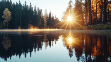 Obraz premium A serene scene of a peaceful lake reflecting the golden rays of the rising sun, surrounded by a dense forest in autumn hues. The mist hovers over the water, adding a dreamy atmosphere