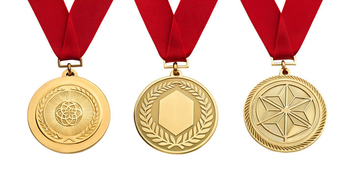 Three Different Golden Award Medals with Red Ribbon, Elegant and Valuable Recognition, PNG Transparent