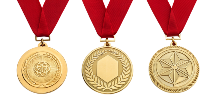 Three Different Golden Award Medals with Red Ribbon, Elegant and Valuable Recognition, PNG Transparent