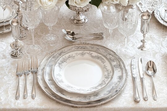 Elegant dining table set for a formal gathering with fine china and crystal glassware in a beautifully arranged layout