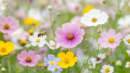 Fototapeta premium A lively wildflower field filled with blooming pink, white, and yellow flowers, with a honeybee in mid-flight collecting nectar
