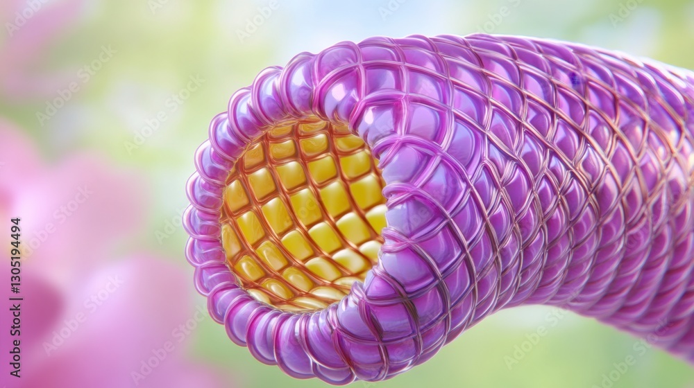 Poster microscopic view of a purple and gold vein with a textured surface and a grid like inner structure, 