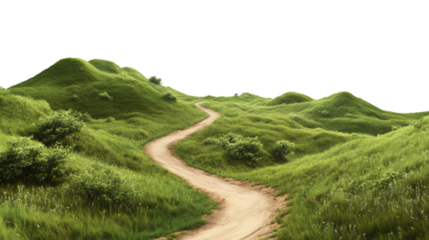Serpentine dirt path traversing verdant rolling hills, showcasing pastoral landscape with transparent overlay