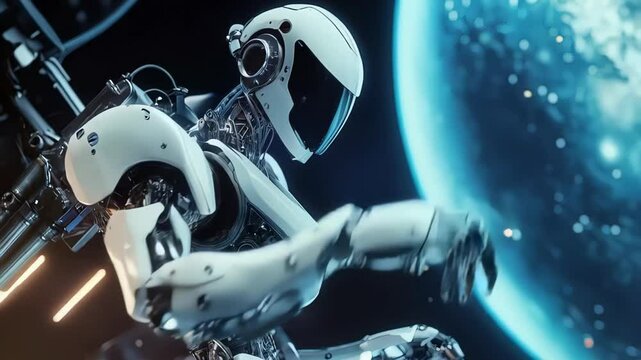 Advanced humanoid robot with intricate mechanical details performing precise hand gestures in the vastness of space, a large, luminous planet serving as a backdrop