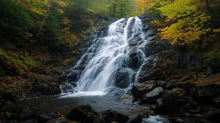 Beautiful Waterfall Cascading Over Rocks in Autumn Foliage Near a Serene Forest Setting