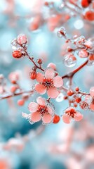 Close up of delicate pink flowers with water droplets, soft focus background, pastel color palette, springtime floral theme, nature photography.