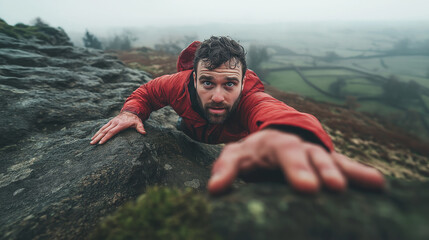 Man in red jacket climbs rocky mountain top on a foggy day.