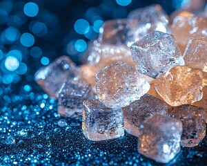 Icy Cubes Glimmering on Dark Surface