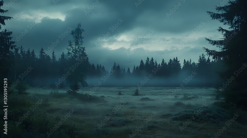 Poster mysterious and moody forest landscape with ominous clouds thick fog and an eerie haunting atmosphere