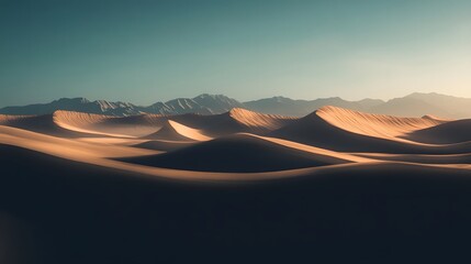 Breathtaking landscape of towering desert dunes bathed in the warm glow of a serene sunset  This remote and arid wilderness offers a captivating destination for nature photography