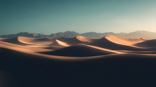Breathtaking landscape of towering desert dunes bathed in the warm glow of a serene sunset  This remote and arid wilderness offers a captivating destination for nature photography - Powered by Adobe