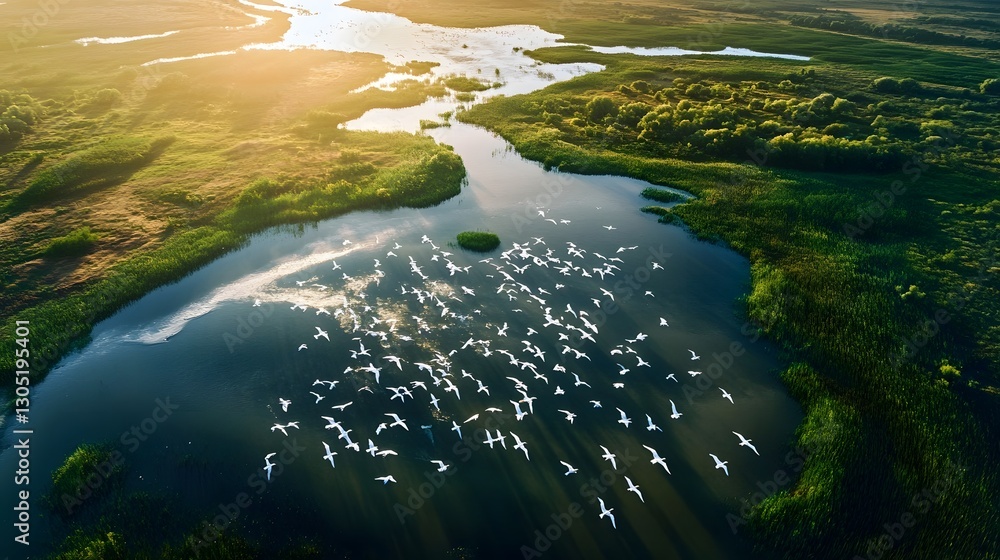 Poster aerial view of a tranquil river or lake with a large flock of ducks geese and swans floating peacefu