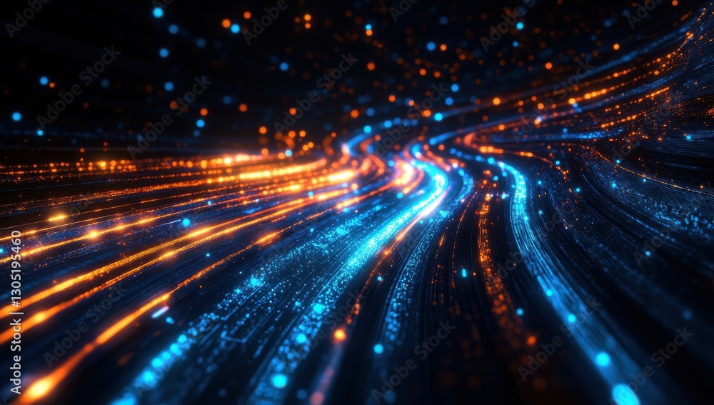 Aufkleber dynamic flow of glowing particles in abstract digital background with blue and orange light trails f