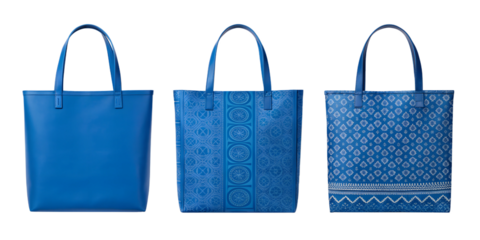 Three Different Blue Tote Bags on White Background, Practical and Stylish Accessory, PNG Transparent