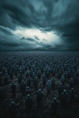 Fototapeta premium Crowd Gathering Under Dramatic Sky During Dusk Landscape Gathering of People With Storm Clouds in