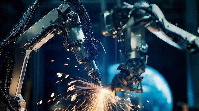 Sparks fly as robotic arms expertly execute plasma cutting on metal, illuminated by the futuristic glow of advanced technology within a modern industrial facility