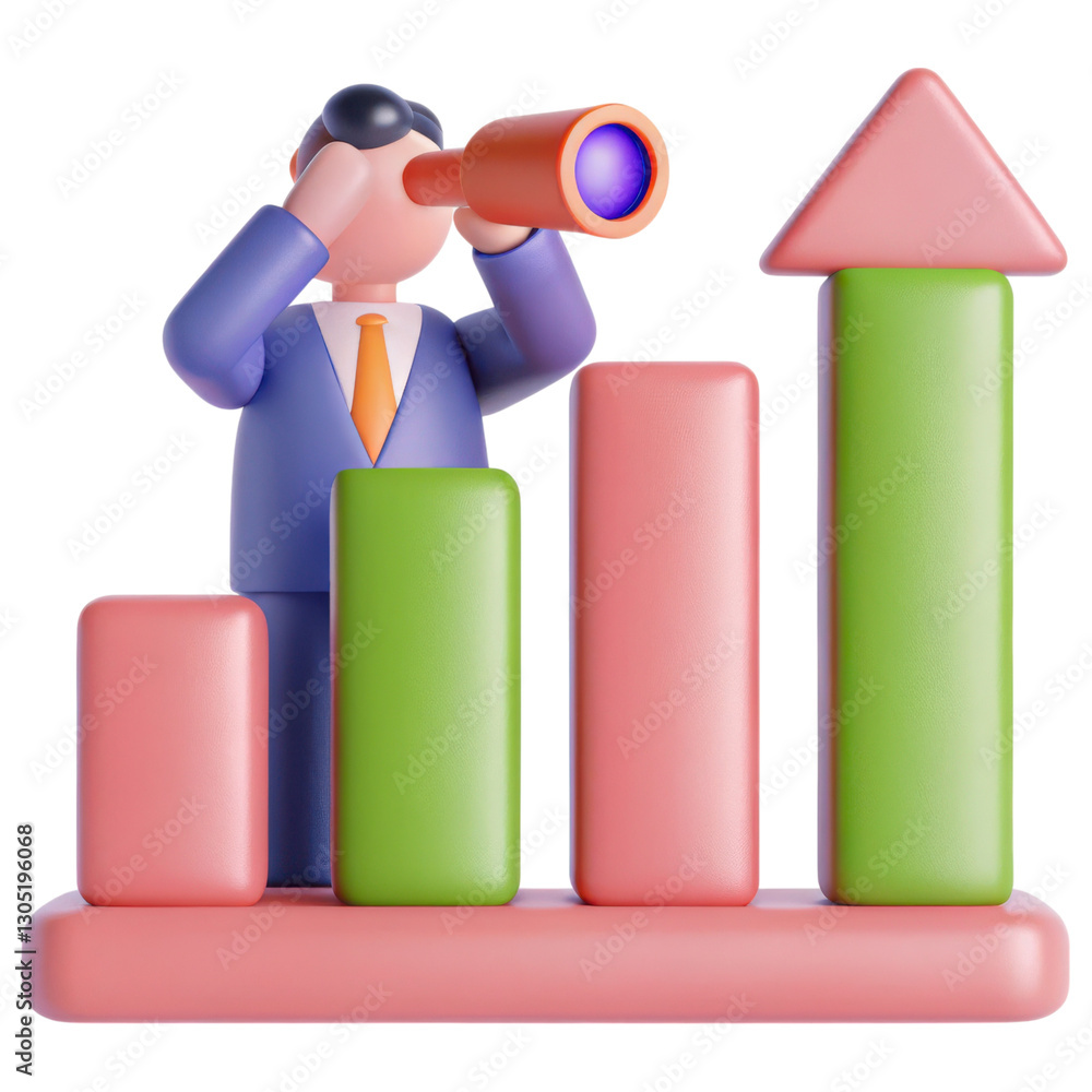 Poster a businessman with a binocular is observing a rising bar graph, symbolizing growth and analysis in a