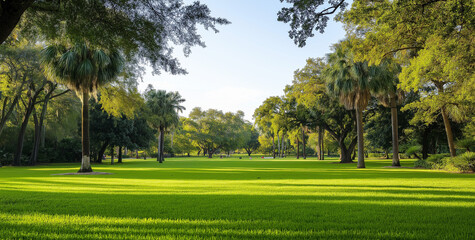 Obraz premium Lush green park with palm trees, sunny day