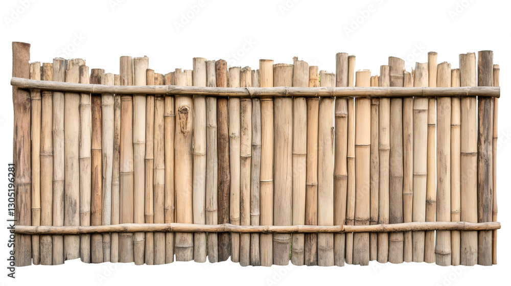 Aufkleber Close-up view of a bamboo fence forming a rustic barrier, isolated on a transparent background, suitable for various design projects