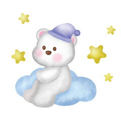Cute Bear Sitting on Cloud with Stars